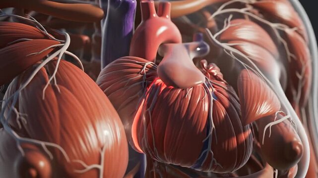 cardiac muscle spirals forming in extreme close-up from oblique chest angle as layered fibers contract beneath translucent skin, illustrating heart function, muscular structure, internal circulation