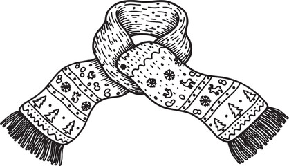 Knitted winter scarf sketch featuring festive christmas patterns with reindeer and pine trees clothing accessory christmas reindeer snowflake illustration isolated background © Salman