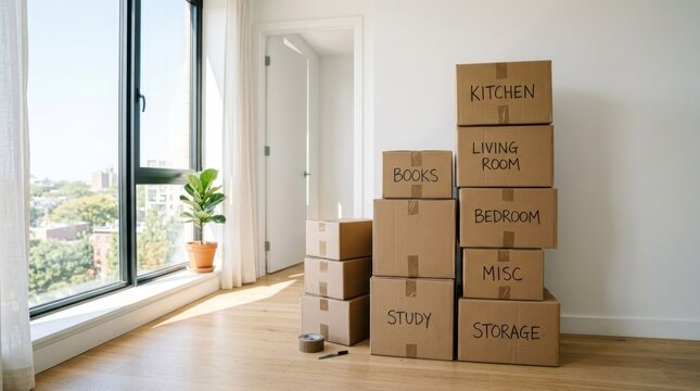A stack of cardboard boxes labeled with room names &ndash; Kitchen, Living Room, Bedroom, Misc, Study, Storage &ndash; sits on a wooden floor in a modern apartment.