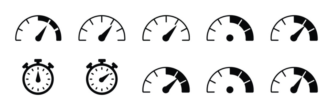 Speedometer Gauge Icons, speed indicator symbols, car dashboard measurement meters, black and white vector illustration, automotive performance design.