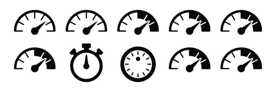 Speedometer Gauge Icons, speed indicator symbols, car dashboard measurement meters, black and white vector illustration, automotive performance design.