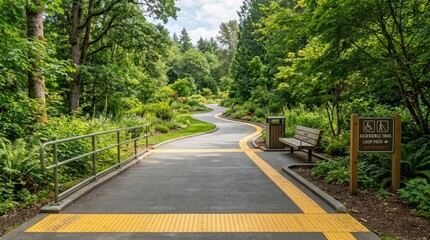 Fototapeta premium An accessible loop path winds through a lush, green forest. A gray concrete pathway with yellow textured lines guides visitors along the trail.