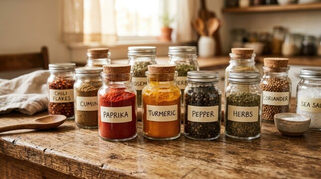 A rustic wooden table displays a collection of spice jars filled with colorful spices. The jars are arranged in a row, showcasing chili flakes, cumin, paprika, turmeric, pepper, herbs, and sea salt.