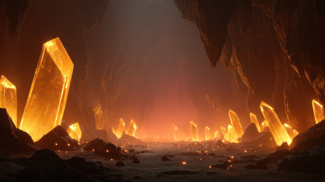 Glowing crystal cave with dark rock and orange light, fantasy cavern landscape, dramatic underground scene