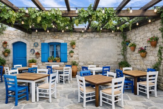 Cozy Mediterranean patio with blue shutters and grapevine canopy concept. Ai generative