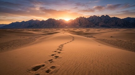 Fototapeta premium A lone figure walks a winding path through a vast desert dune field.