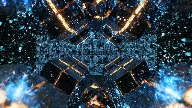 data fragments transforming in extreme close-up as particles assemble into sealed encrypted cubes that lock together mid air, illustrating secure data processing, encryption workflow
