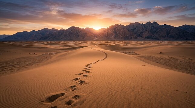 A lone figure walks a winding path through a vast desert dune field.