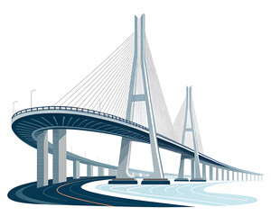 Naklejka premium Hangzhou Bay Bridge, China, modern vector design, sweeping bridge curves, flat style, white background