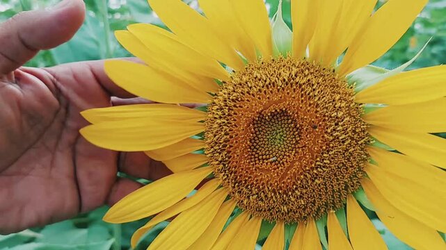 Close up of a hand gently turning a blooming vibrant sunflower