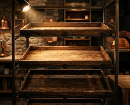 Empty Rustic Wooden Display Trays in a Bakery or Cafe