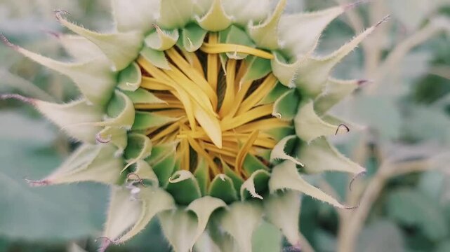 Extreme macro shot reveals unbloomed sunflower bud opening slowly