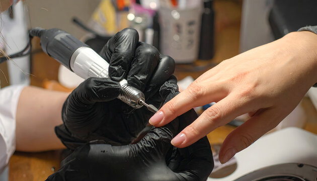 Close-up of a nail technician using an electric nail file on a clients fingernail.
