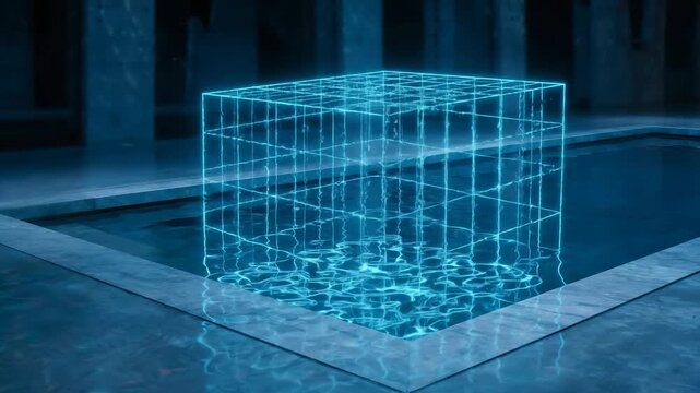Hologram digital cube glowing with grid lines floating above water reflection in futuristic technology blue light 3D wireframe abstract design