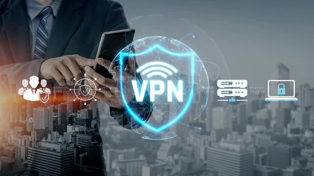 Businessman Holding Smartphone with VPN Security Icon Over Digital Cityscape Representing Online Protection and Privacy for Data Transmission Sigmoid