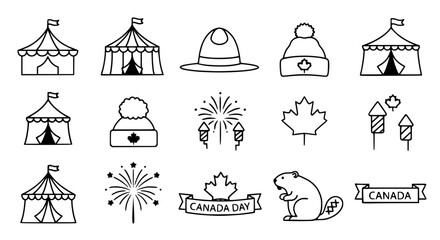 Canada Day Icons: Tents, Maple Leafs, Beaver, Fireworks, Hat, Toque © Capi