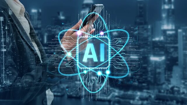 Business professional holding smartphone with AI technology graphic overlay against a futuristic city skyline at night, symbolizing innovation and digital transformation now Sigmoid