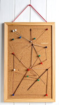 A framed corkboard with colorful pins and strings on a white wall