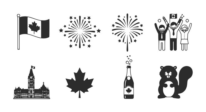Canada Icons Set: Maple Leaf, Flag, Fireworks, Parliament, Beaver, Celebration