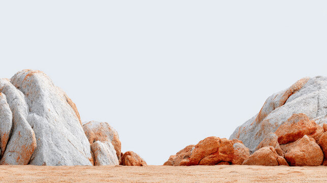 A 3D render featuring two clusters of grey and orange-tinted rock formations separated by a central gap, set against a solid light-grey background and a textured ground plane.