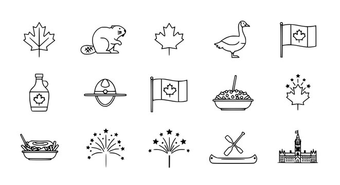 Canada Icons: Maple Leaf, Beaver, Goose, Flag, Poutine, Canoe, Parliament