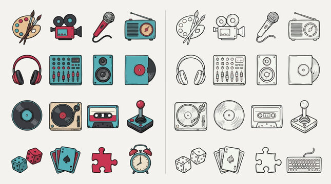 Collection of colorful and monochrome icons representing hobbies and leisure activities, including music, art, and gaming.