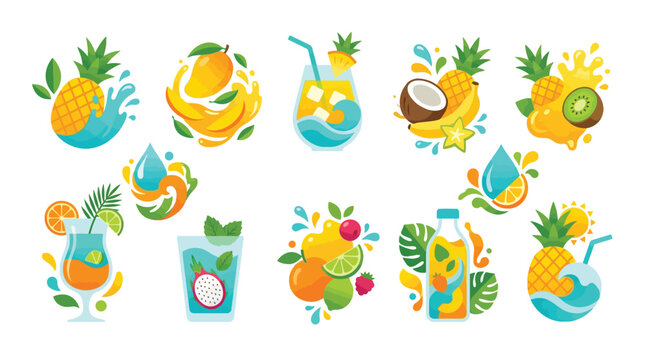 Collection of vibrant tropical fruit icons and refreshing summer drinks with splashes.