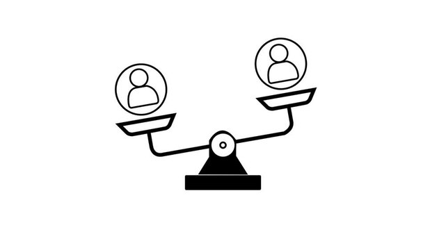 Animated of 2D black creative thin icon animation of weight scale man to man.Justice icon animation.