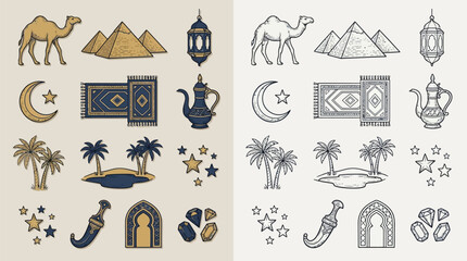 Collection of Islamic and Middle Eastern cultural symbols and icons, including pyramids, camels, lanterns, and crescent moons. © renender