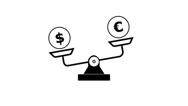 Animated of 2D black creative thin icon animation of weight scale Dolar to euro.Justice icon animation.
