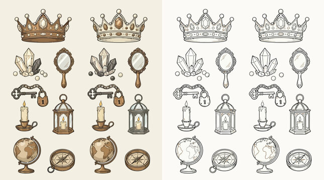 Collection of vintage objects including crowns, crystals, mirrors, keys, lanterns, globes, and compasses, presented in both color and monochrome versions.