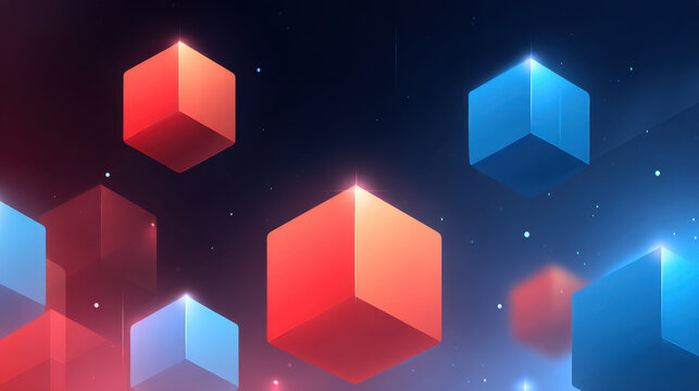 Abstract cube illustration floating cube geometric shape digital art blue cube red cube glowing light dark background 3d render modern design