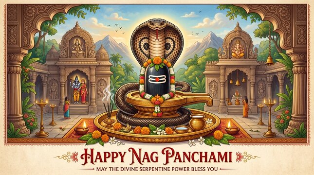 Happy Nag Panchami greeting banner with Lord Shiva Lingam and holy cobra