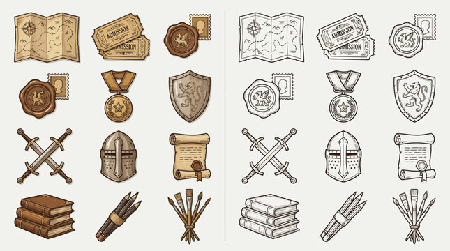 Collection of medieval and fantasy icons including maps, swords, shields, scrolls, and books.