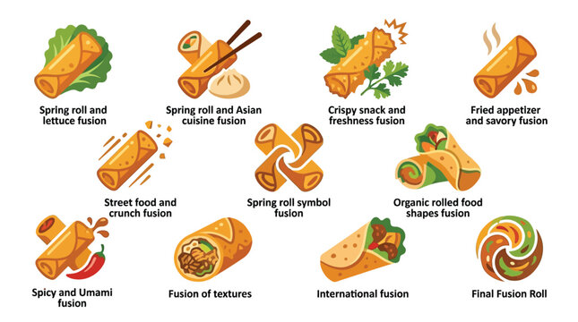 Collection of diverse spring roll and fusion food illustrations, showcasing various culinary styles and presentations.