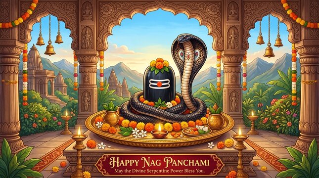 Happy Nag Panchami greeting banner with Lord Shiva Lingam and holy cobra