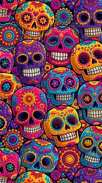 Vibrant Day of the Dead sugar skull pattern with colorful floral accents, festive Mexican folk art celebration