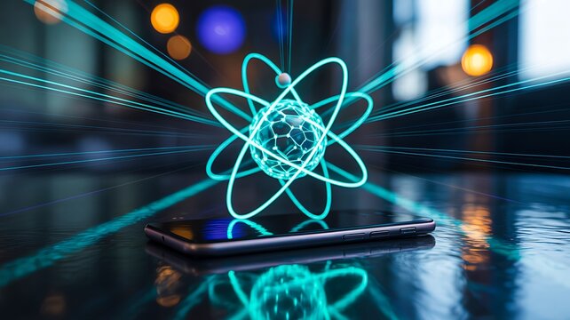 Quantum computing concept with glowing atomic symbol on smartphone screen