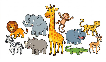 Obraz premium Cute cartoon African animals vector set with giraffe and safari wildlife characters