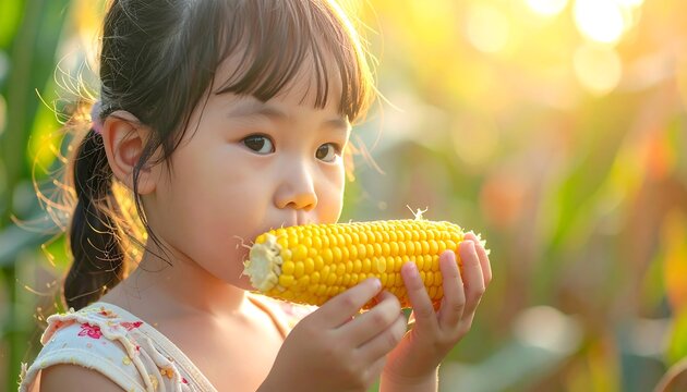 Girl eats corn on the cob in a sun-drenched field, holding it in her hands