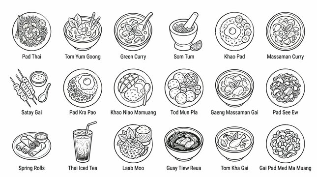 Collection of hand-drawn illustrations of popular Thai dishes and drinks, presented in a clean, minimalist line art style.