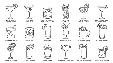 Collection of popular cocktail illustrations in a clean, modern line art style. © handaka