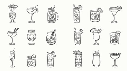 Collection of hand-drawn cocktail illustrations in a clean, minimalist style, perfect for menus and design projects. © handaka