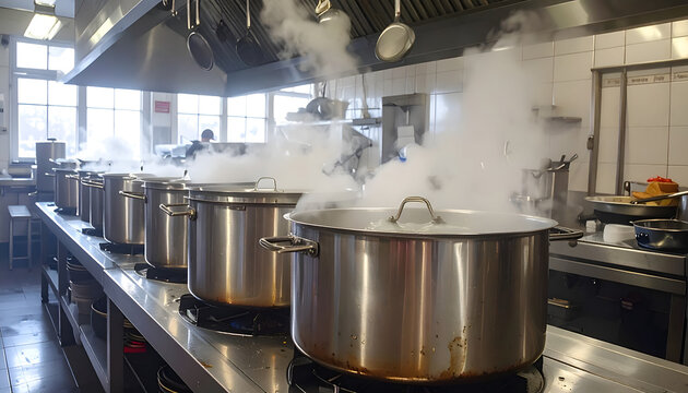 Large pots steaming in a commercial kitchen line.