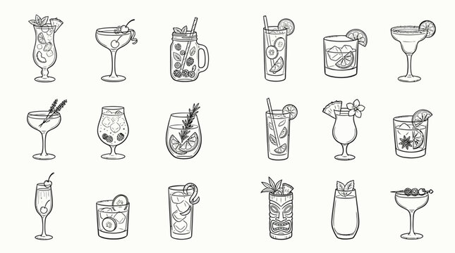 Collection of hand-drawn cocktail illustrations in a clean, minimalist style, perfect for menus and design projects.