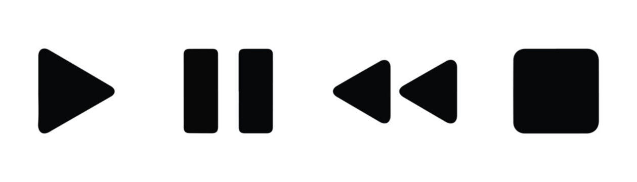 Professional black multimedia player control buttons set including play pause rewind and stop icons.