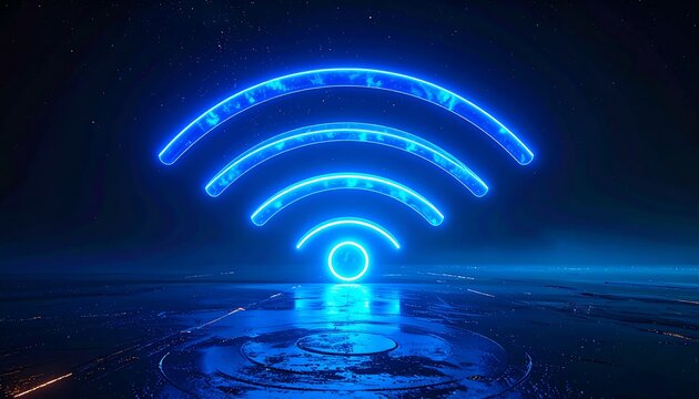 Glowing neon blue WiFi symbol radiating above a reflective surface with dark background and faint city-like lights