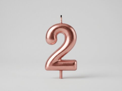 Metallic rose gold number two birthday candle with a wick