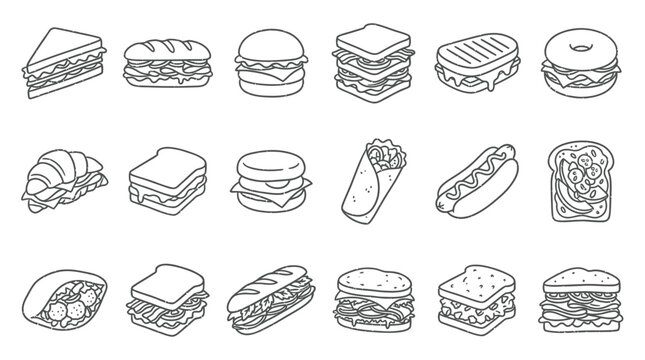 Collection of various sandwiches and fast food items in a clean line art style.