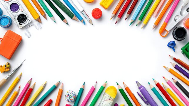 Creative invitation design for first grade students featuring colorful school supplies arranged around a clean white background, cheerful back to school celebration template with pencils, crayons, not